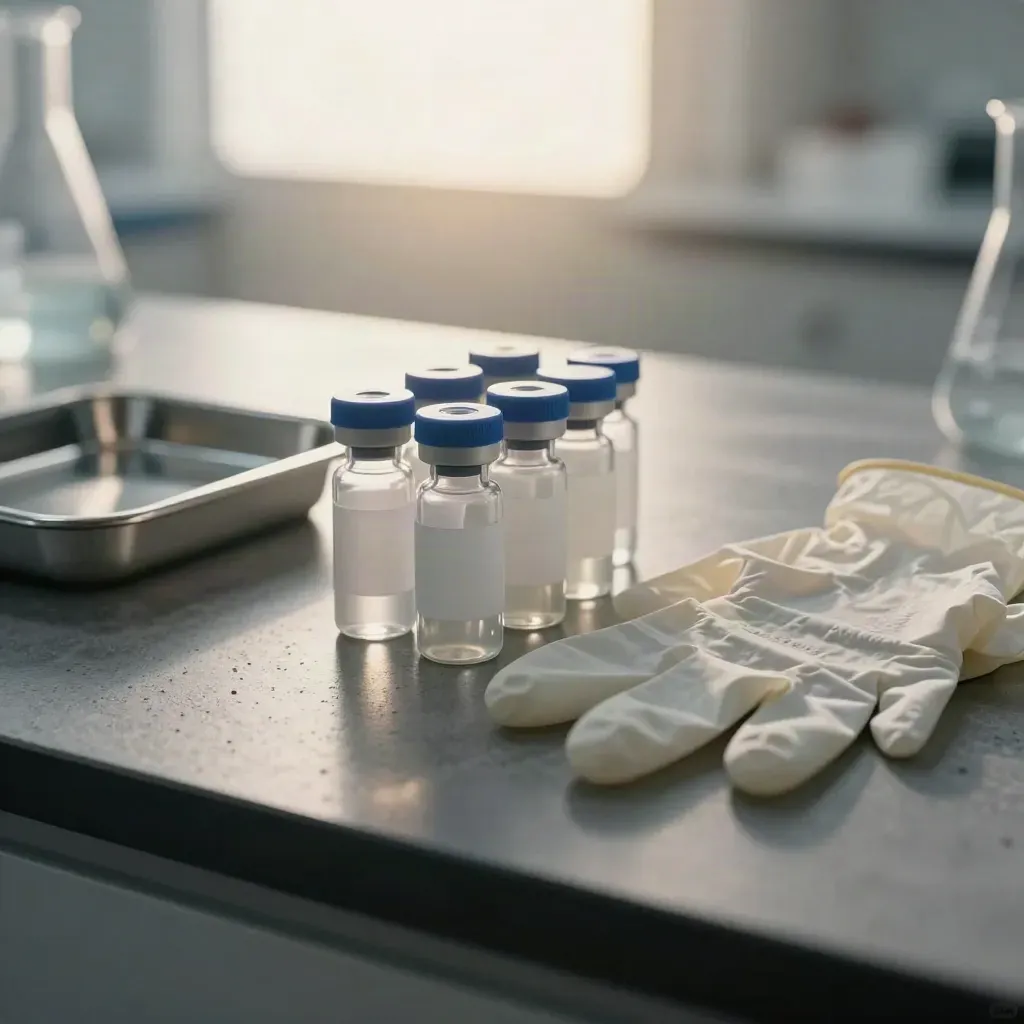 Biotech sample vials, stainless tray, and nitrile gloves on dark concrete