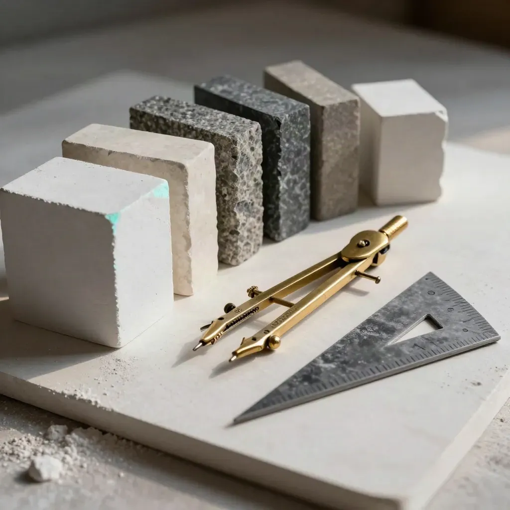 Architecture sample cubes, brass compass and drafting triangle on pale plaster with cyan edge light