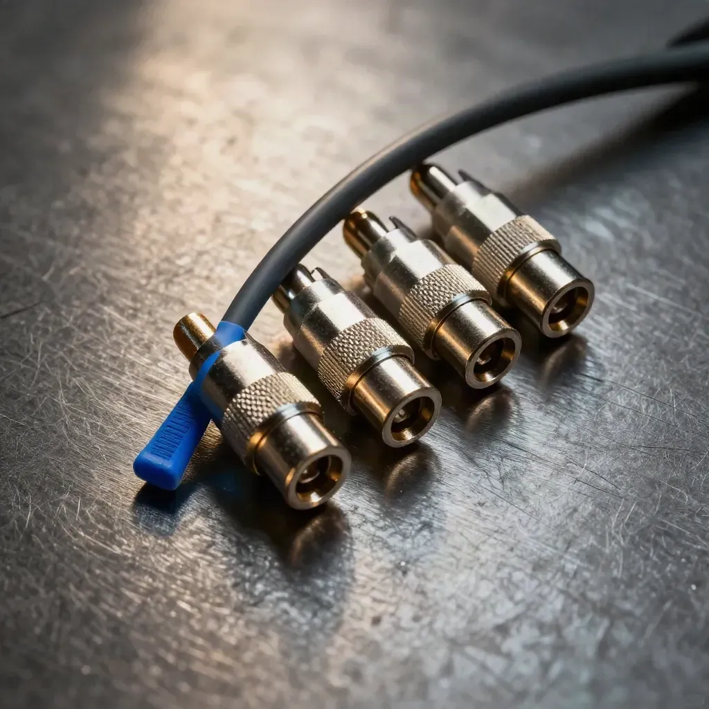 Extreme macro of fiber-optic connectors and a charcoal patch cable coil on brushed metal.