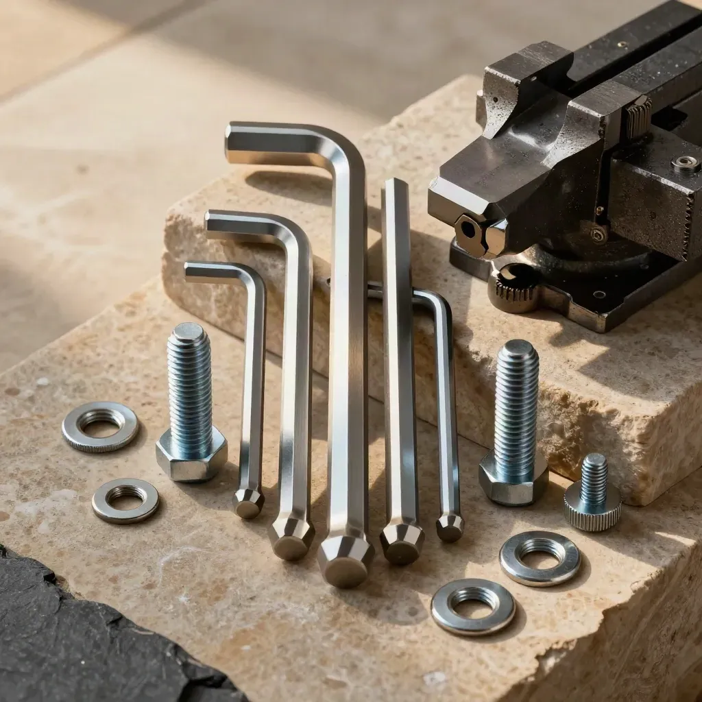 Hex keys, machined bolts, and a vise jaw on warm stone in a top-down editorial flatlay.