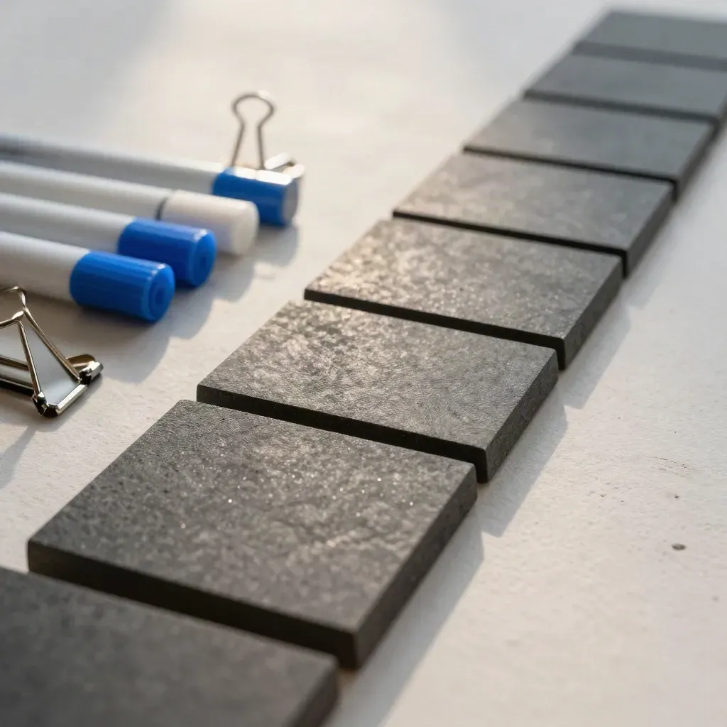 Overhead macro of magnetic tiles, an open binder clip, and square markers on pale plaster.