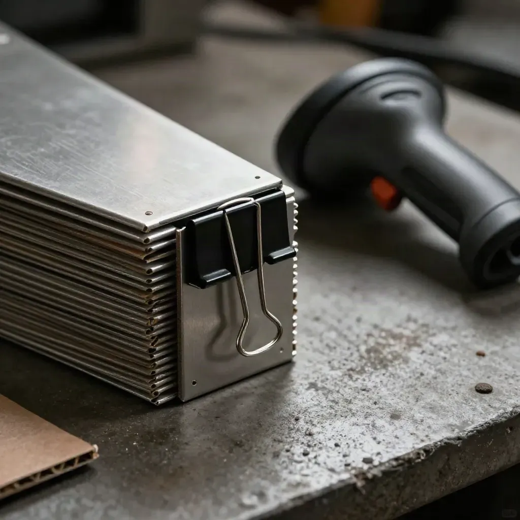 Logistics still life with crate corners, binder clips, and a barcode scanner on concrete.