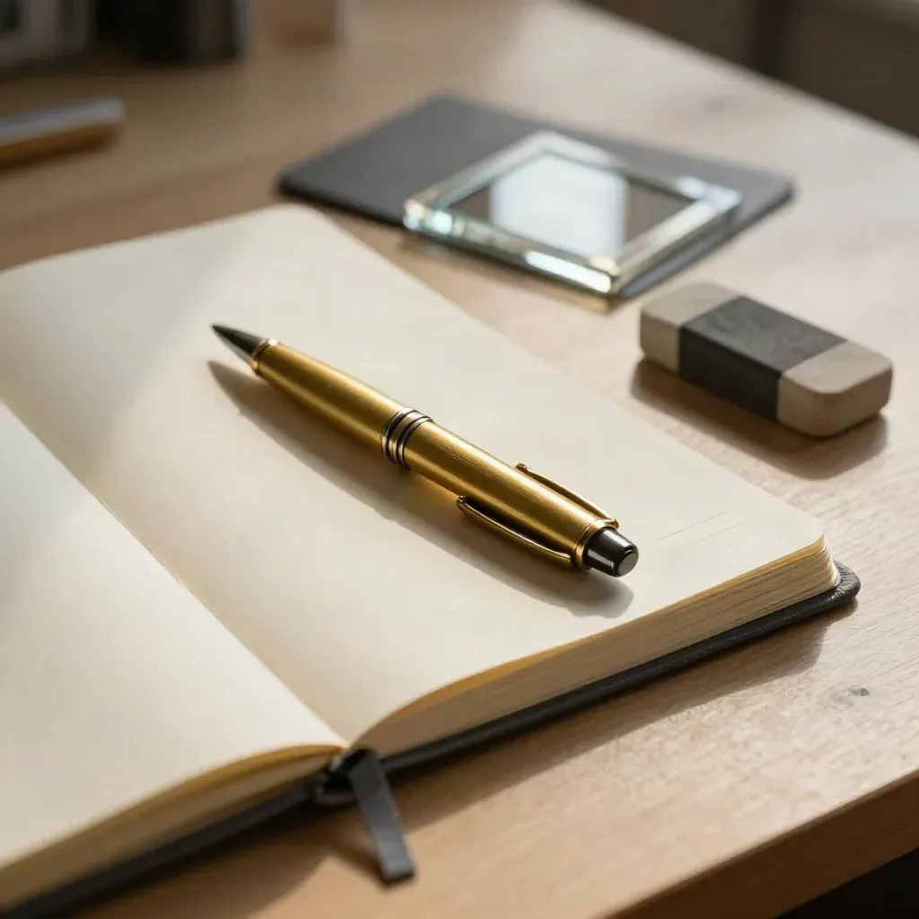 Field notebook, brass pen, glass slide case and eraser on pale wood with soft shadow.