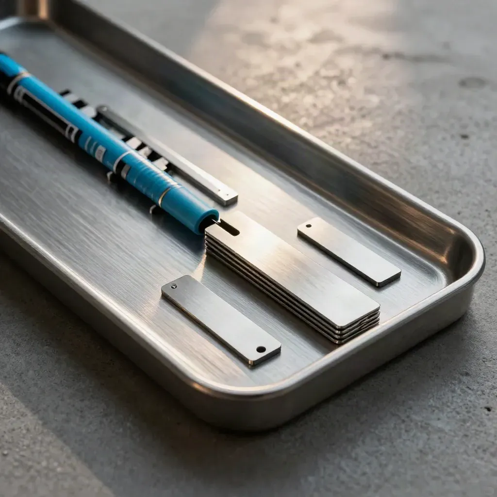 Macro of an aluminum task tray with magnetic markers and steel tabs on concrete.