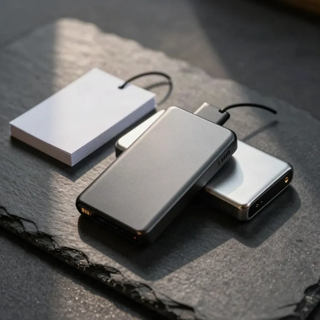 Two external SSDs beside a blank card stack and cable tie on stone, dramatic studio still life