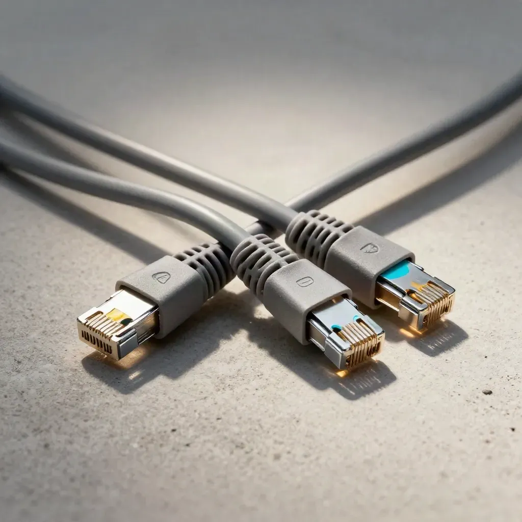 Ethernet patch cables joined by a coupler on concrete in a dramatic still life.