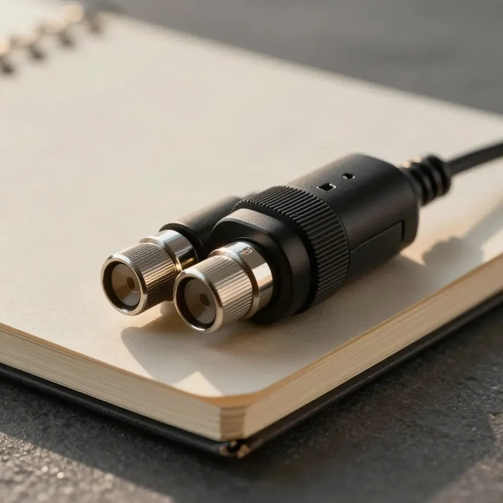 Serial adapter and notebook on dark stone in a premium macro still life.