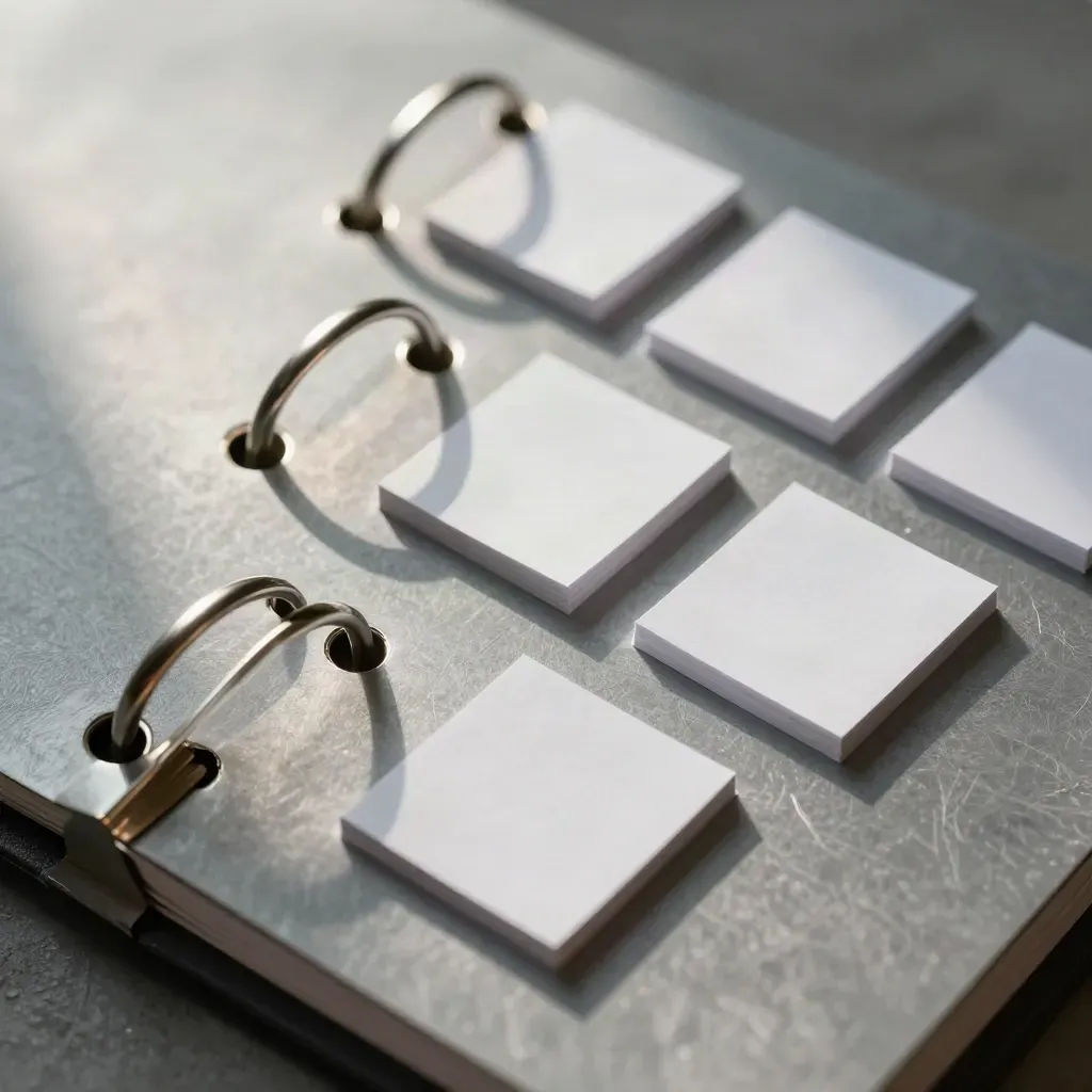 Top-down still life of annotation clips, ring binders, and note pads on brushed metal.