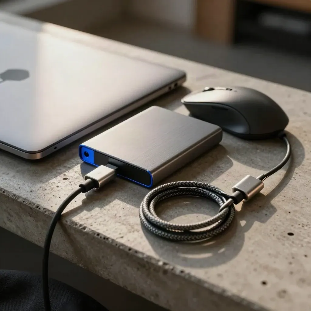 Travel laptop kit with SSD, cable, and mouse framed by a cable loop on concrete.