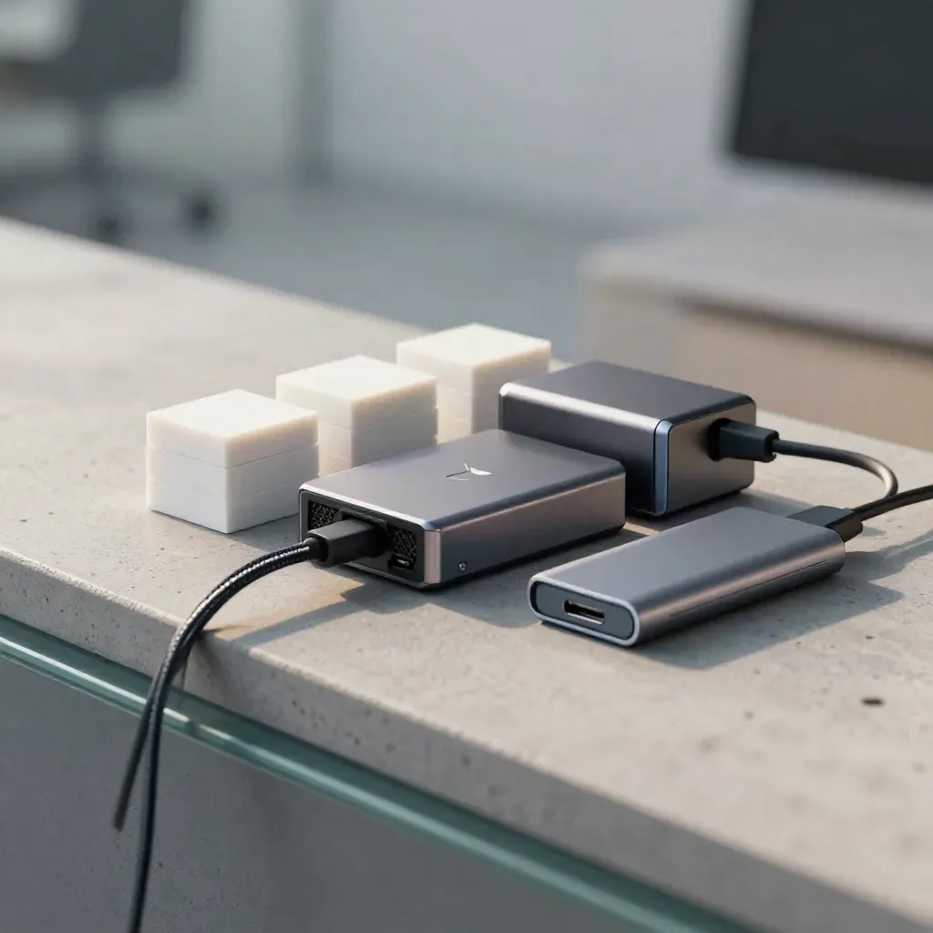 Dock pieces, sticky cube stacks and a power hub on concrete, seen through blurred glass.