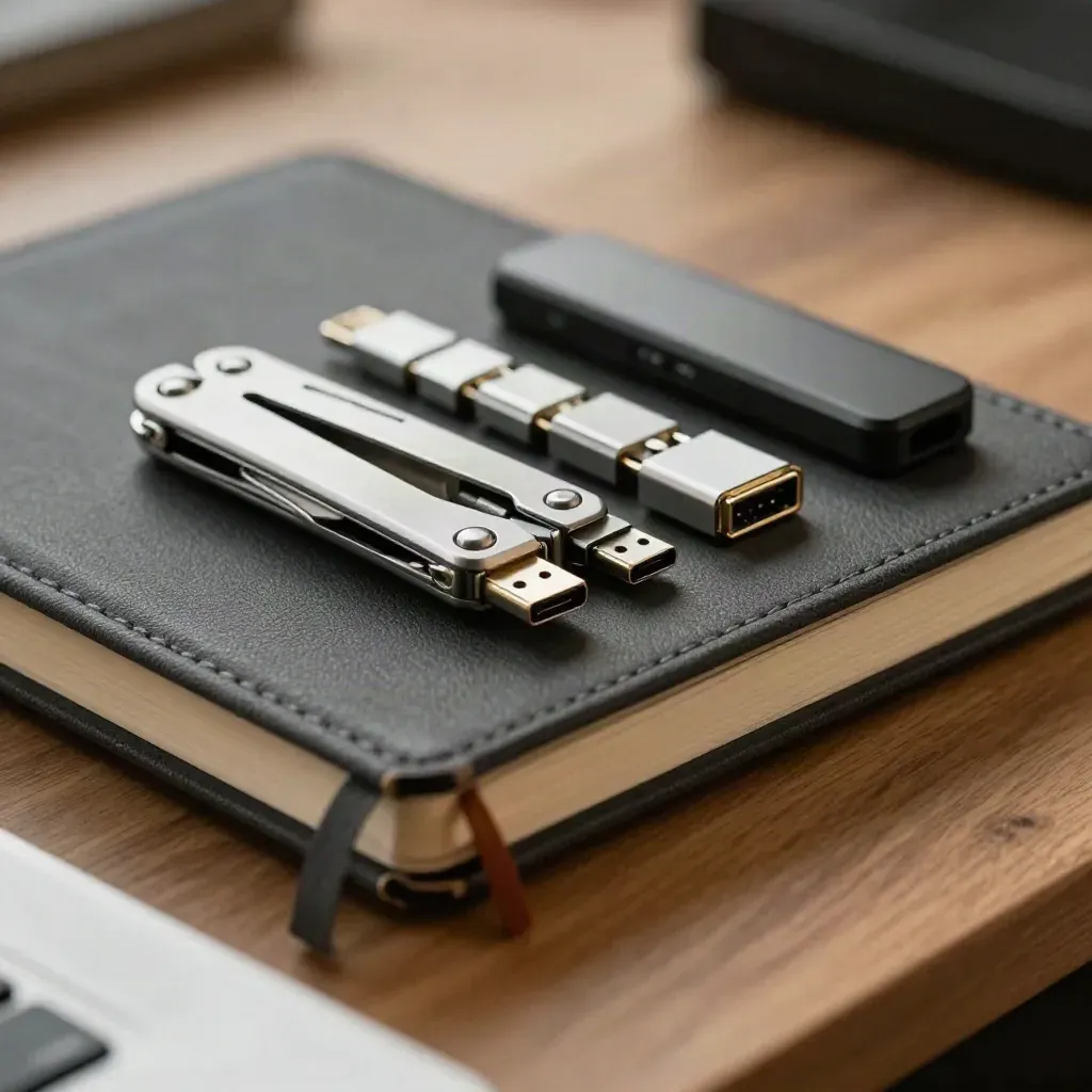 Macro still life of a dev lead's notebook, adapters, multi-tool and dock on honey oak with cool haze.