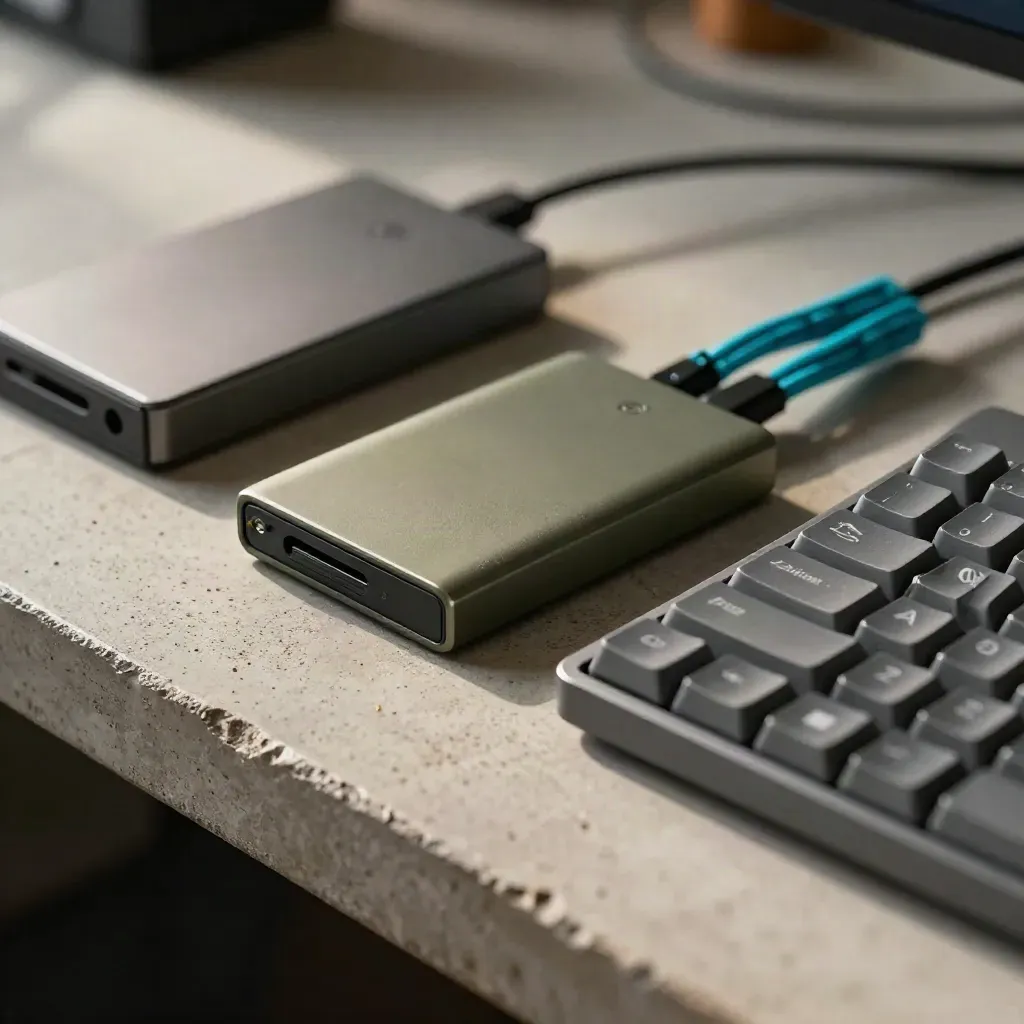 Macro still life of keyboard corner, SSD, cable wraps and charging brick on concrete