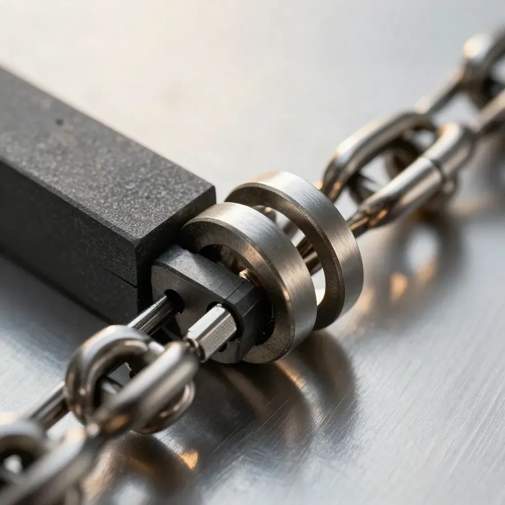 Macro of linked metal connectors and machined blocks on brushed steel with soft directional light.