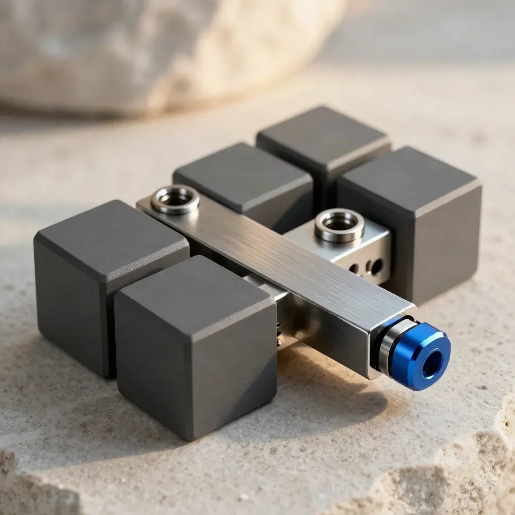 Graphite cubes joined by a steel bridge and blue connector on pale limestone