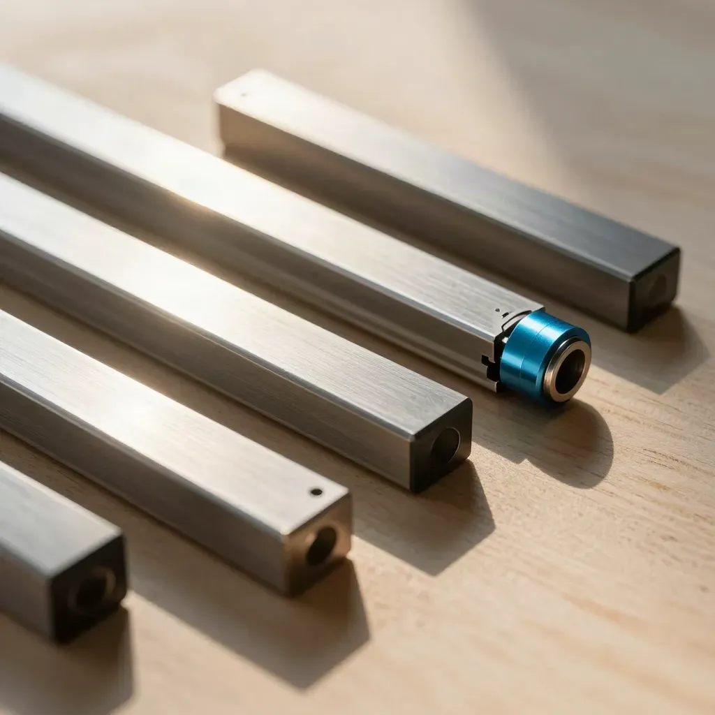Macro rails, spacer blocks and threaded connector on pale wood, lit with cyan accent
