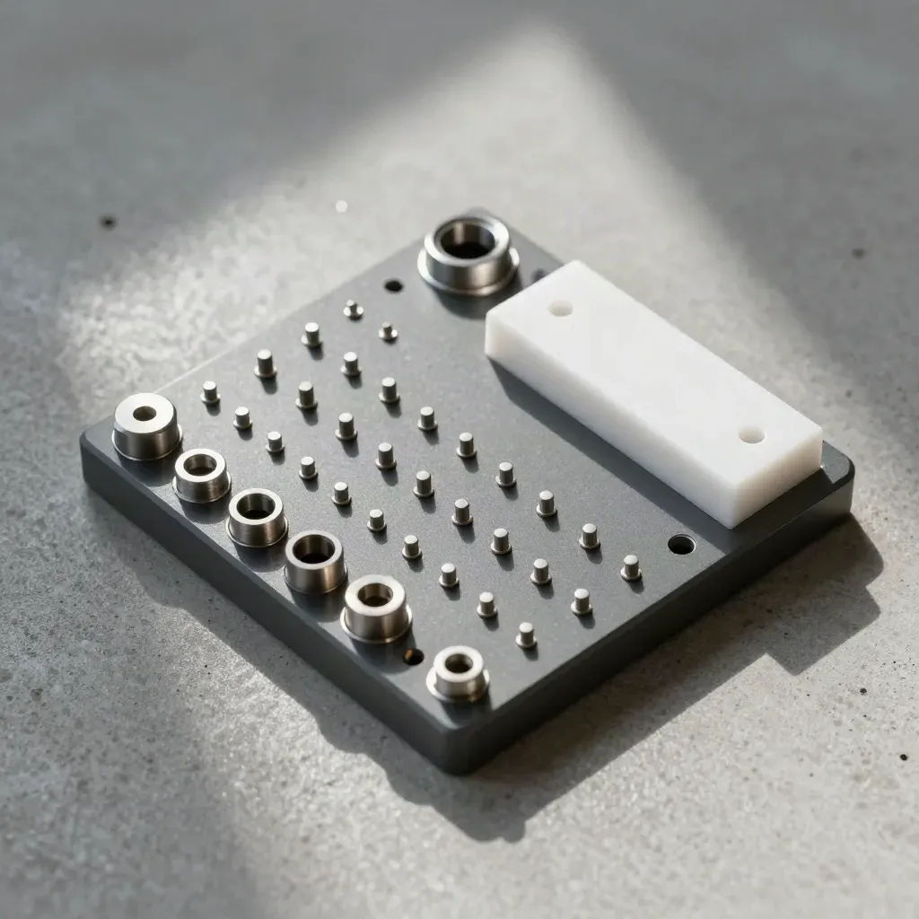 Top-down arrangement of metal connectors, pins, and a modular dock on concrete.