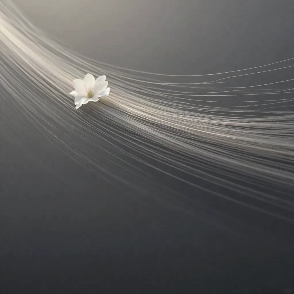 Silver filaments converge into a soft white bloom in deep graphite haze, leaving open space below.
